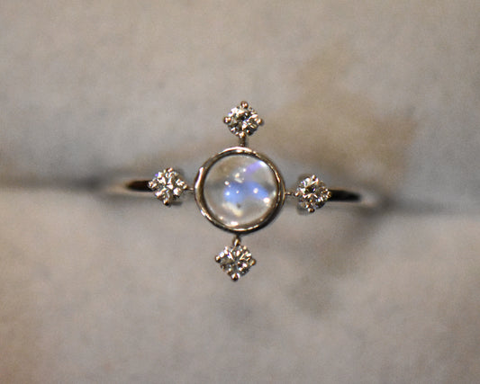 Blue Moonstone & Diamond Compass Ring in White Gold
