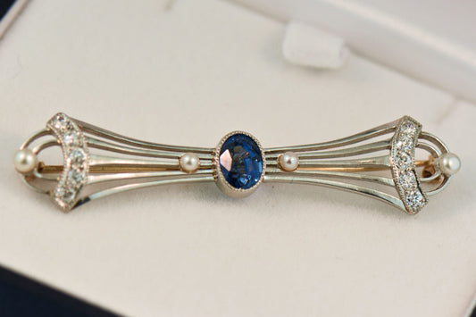 Antique Bow Brooch With Sapphire, Diamonds & Pearls