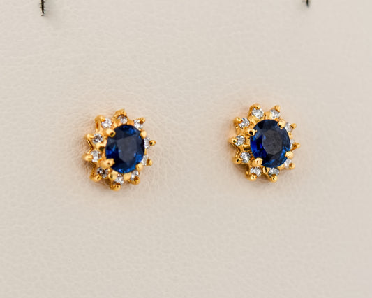 Blue Sapphire Halo Stud Earrings in Yellow Gold