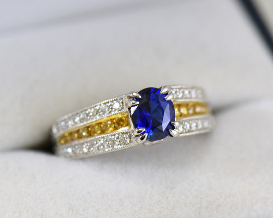 Untreated Blue Sapphire Ring set with White & Yellow Diamonds