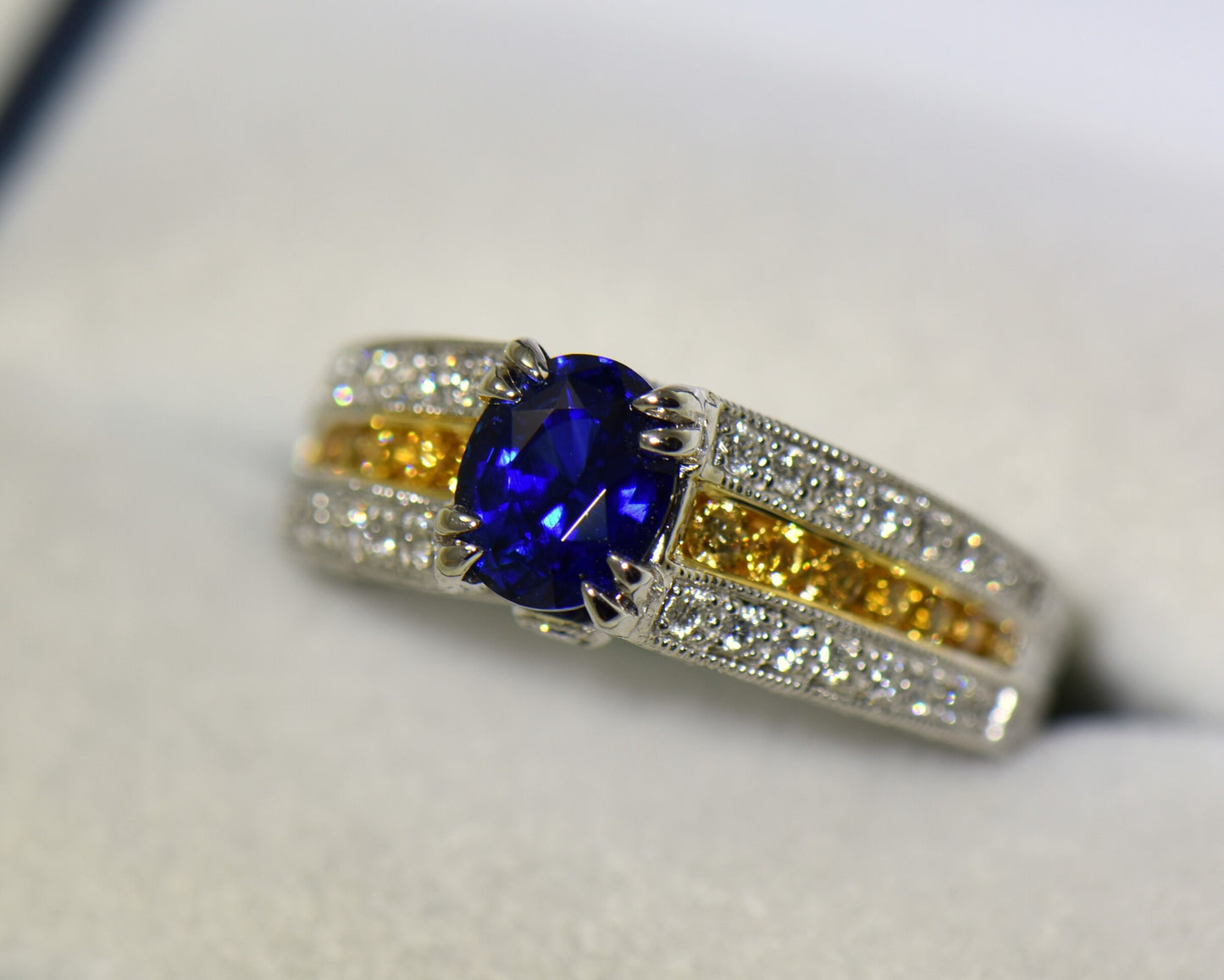 Untreated Blue Sapphire Ring set with White & Yellow Diamonds