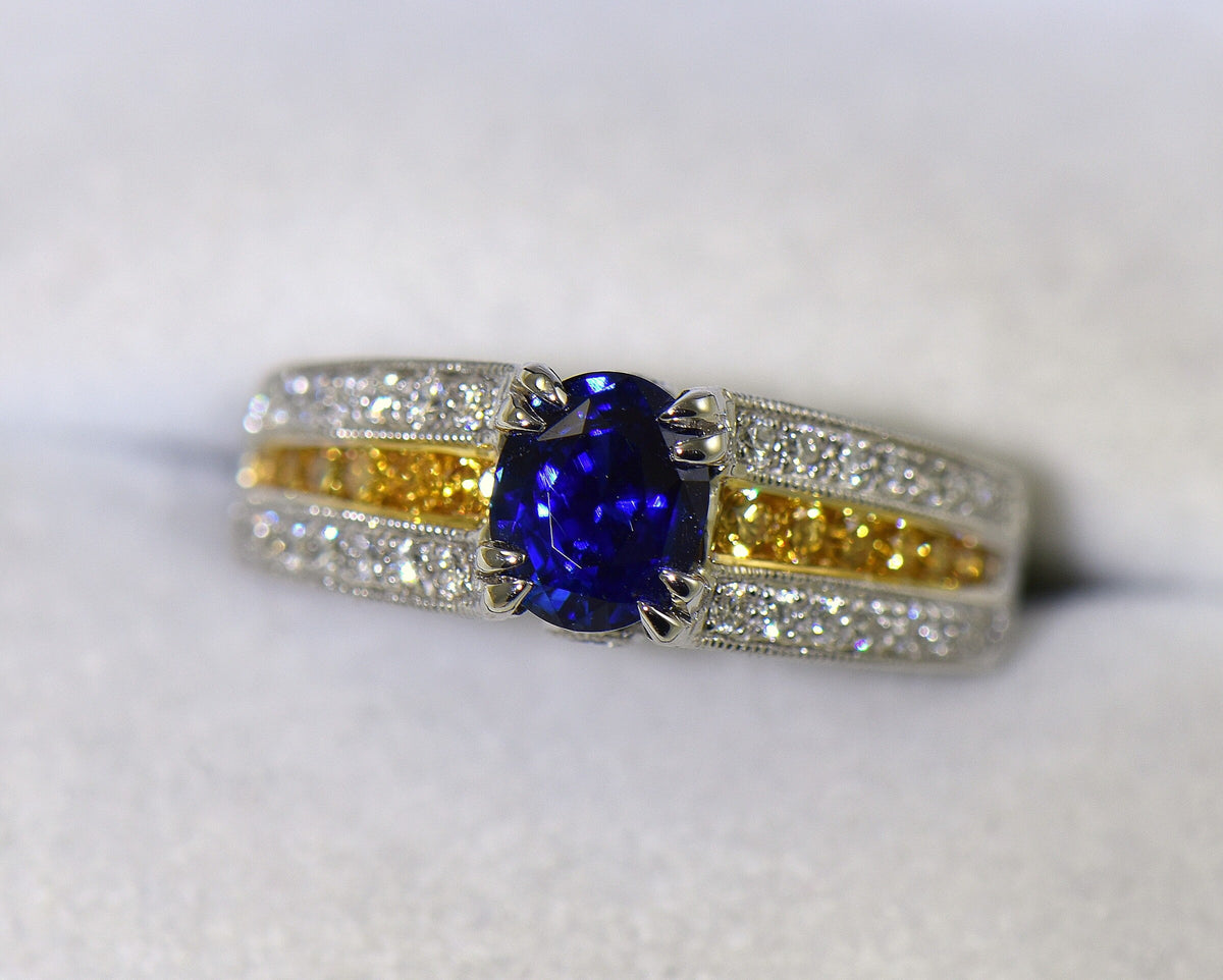Untreated Blue Sapphire Ring set with White & Yellow Diamonds
