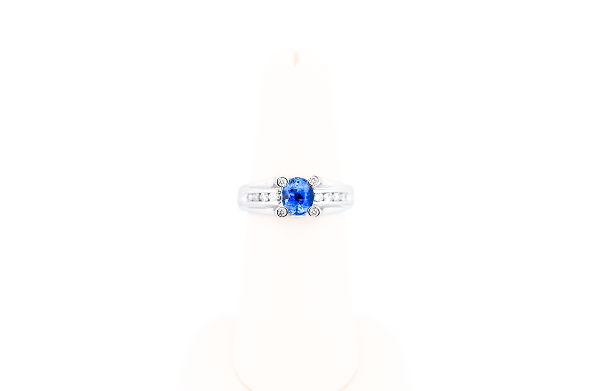 Blue Sapphire Ring with Diamond Prongs in White Gold