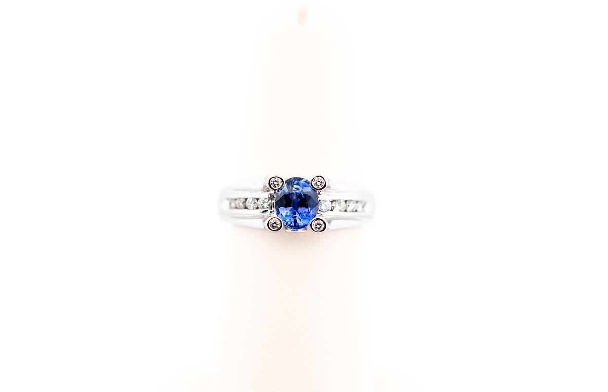 Blue Sapphire Ring with Diamond Prongs in White Gold