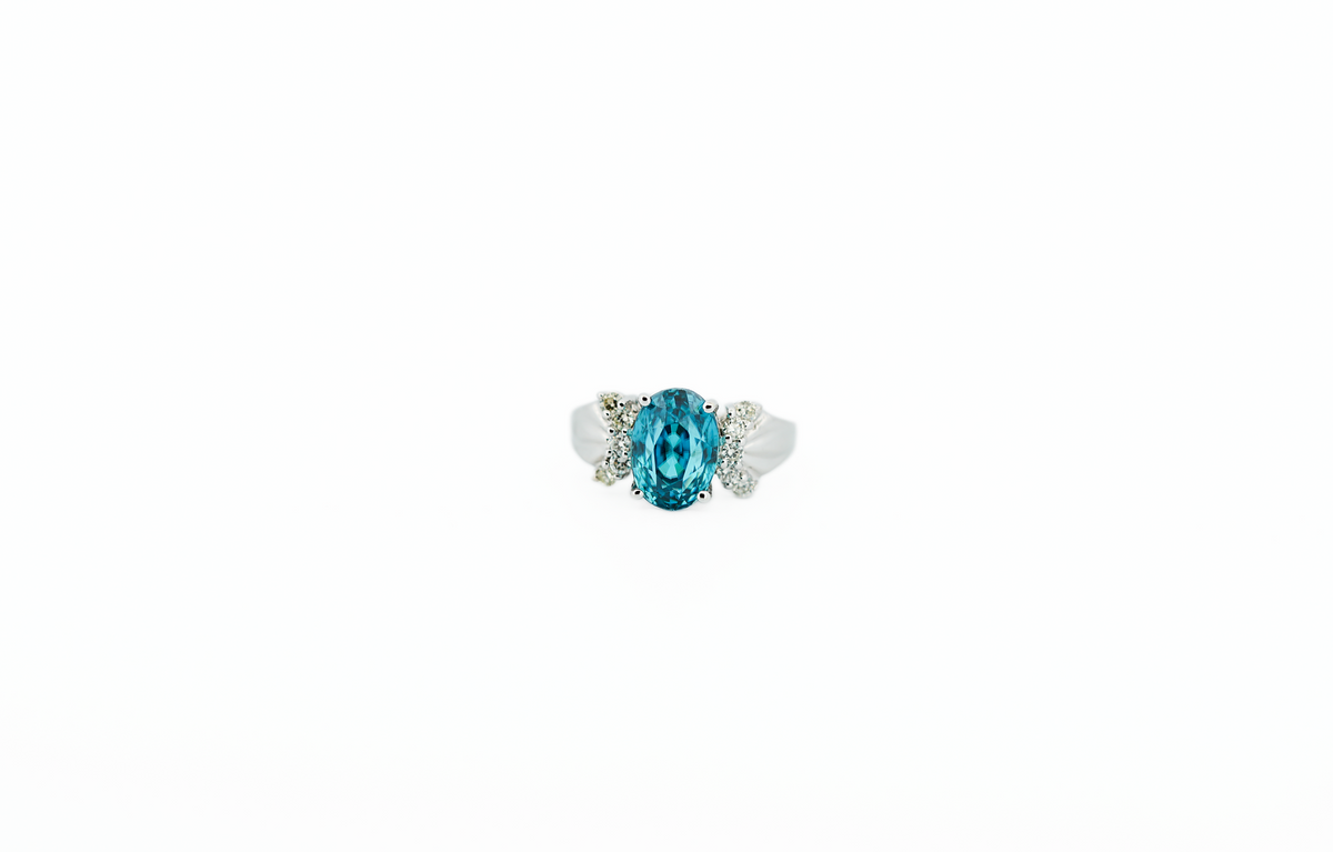 Blue Zircon & Diamond Ring in White Gold - Rare Dark Teal Blue Color