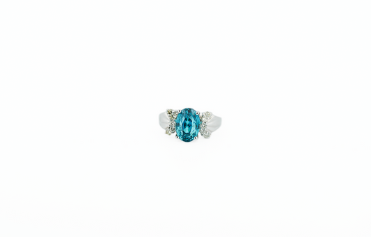 Blue Zircon & Diamond Ring in White Gold - Rare Dark Teal Blue Color
