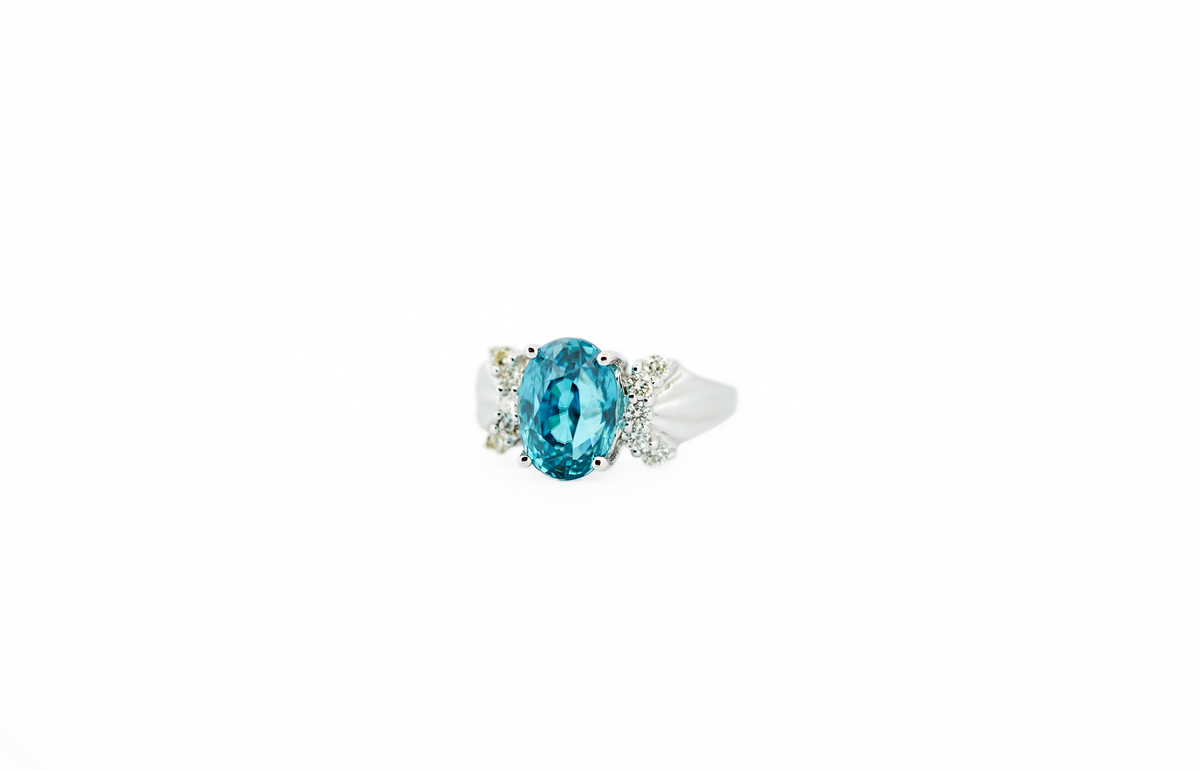 Blue Zircon & Diamond Ring in White Gold - Rare Dark Teal Blue Color