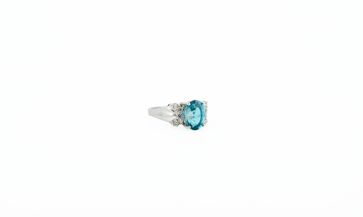 Blue Zircon & Diamond Ring in White Gold - Rare Dark Teal Blue Color