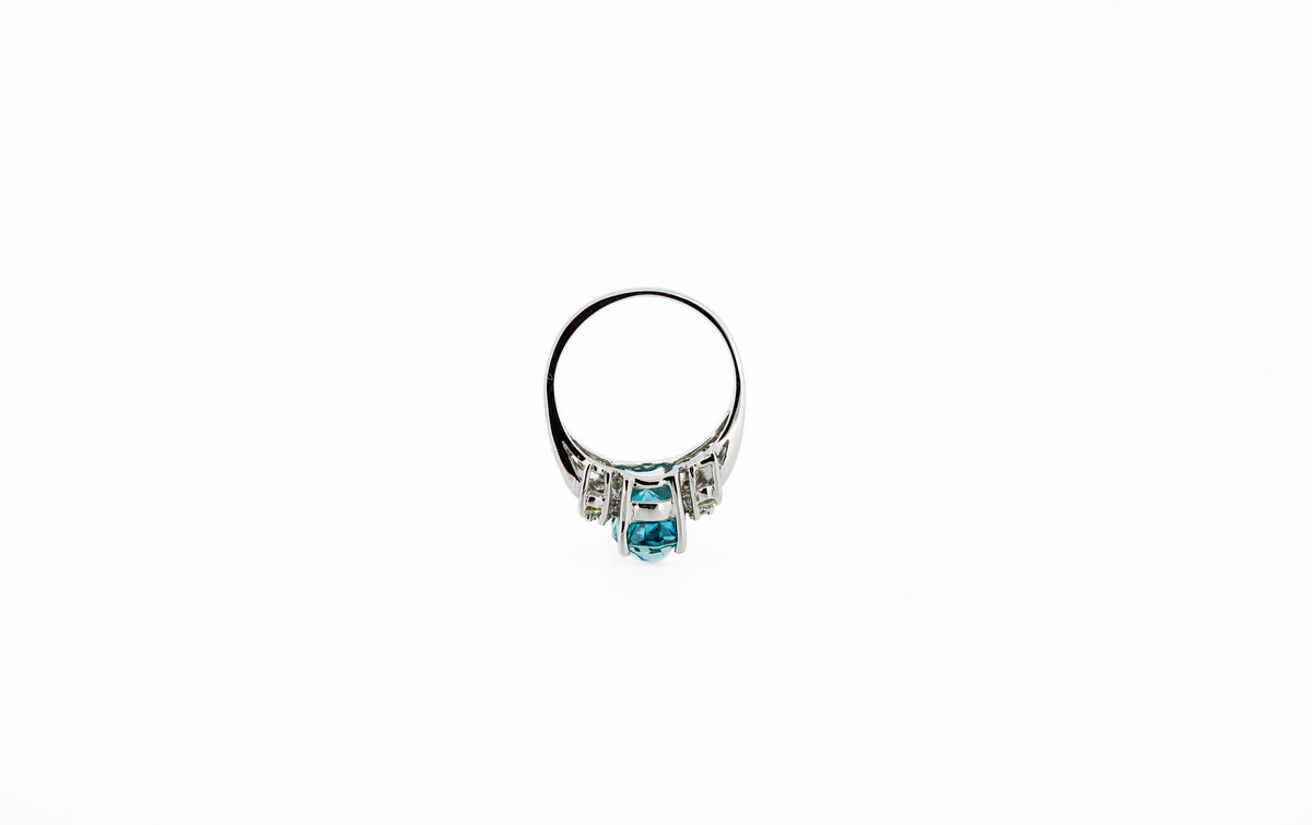 Blue Zircon & Diamond Ring in White Gold - Rare Dark Teal Blue Color