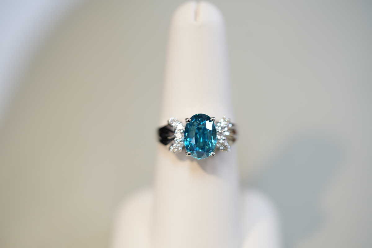 Blue Zircon & Diamond Ring in White Gold - Rare Dark Teal Blue Color