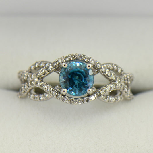 Custom Blue Zircon & Diamond Ring with White Gold