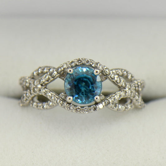 Custom Blue Zircon & Diamond Ring with White Gold
