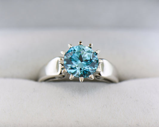 White Gold & Blue Zircon Crown-Style Solitaire Ring
