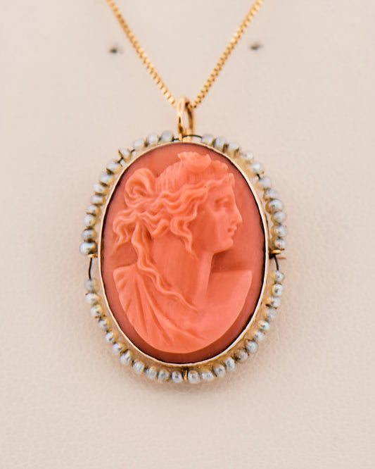 Carved Coral Cameo Pen/Pendant with Pearl Frame