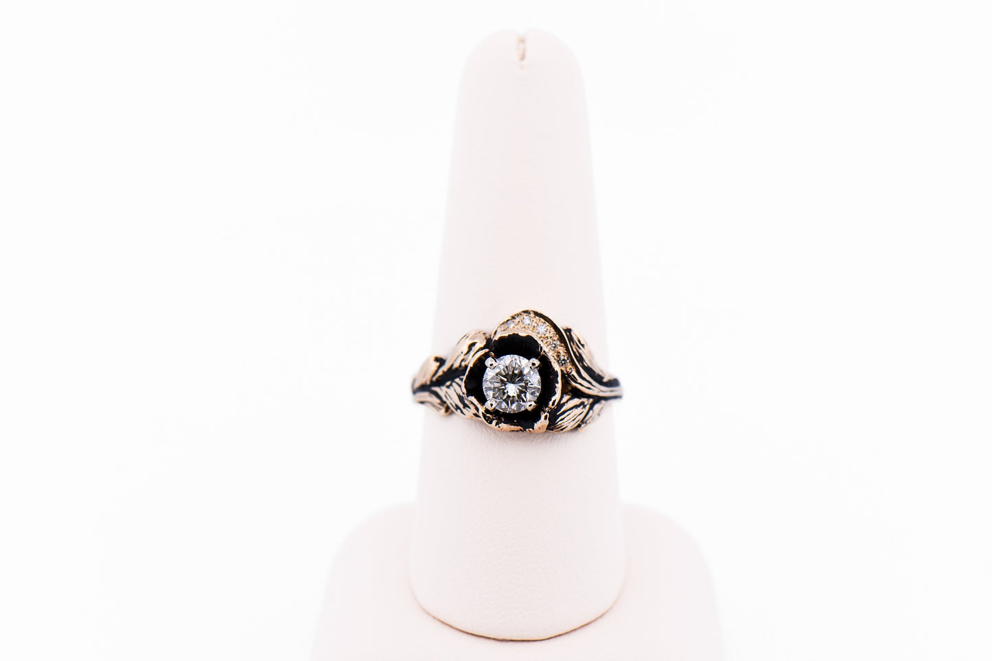 Carved Rose Engagement Ring with Natural Diamonds in Antiqued Yellow Gold