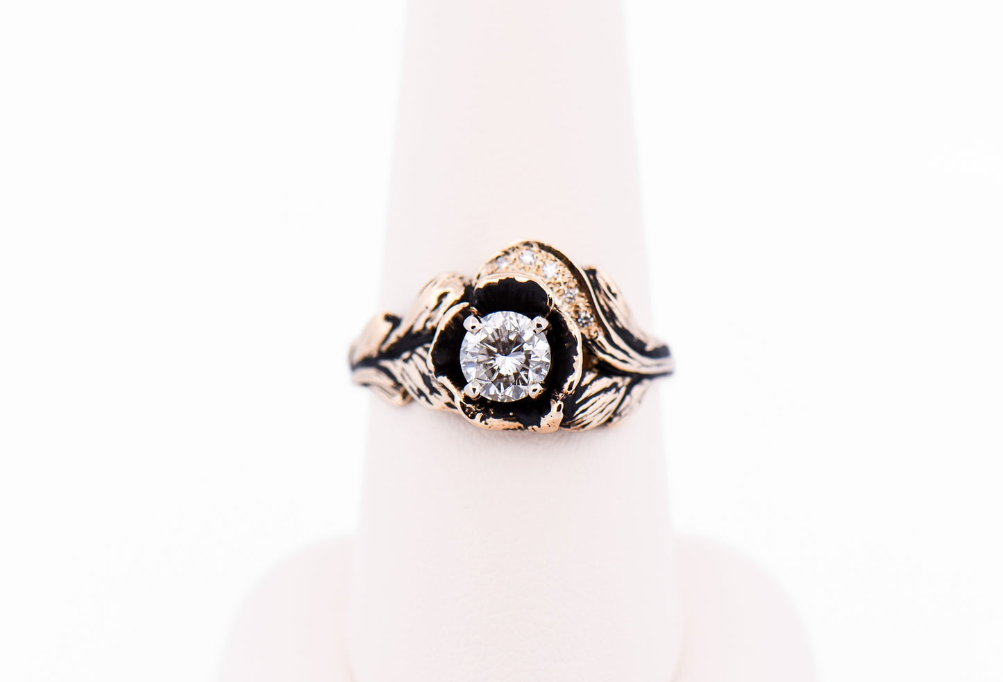 Carved Rose Engagement Ring with Natural Diamonds in Antiqued Yellow Gold