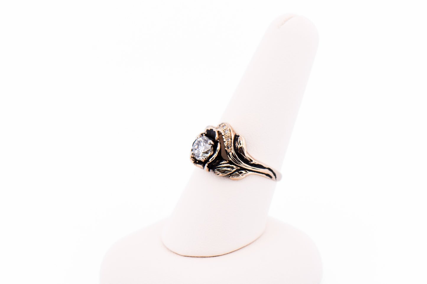 Carved Rose Engagement Ring with Natural Diamonds in Antiqued Yellow Gold