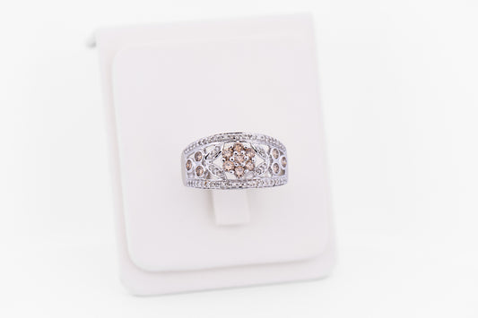Champagne & White Diamond Floral Right-Hand Ring in White Gold