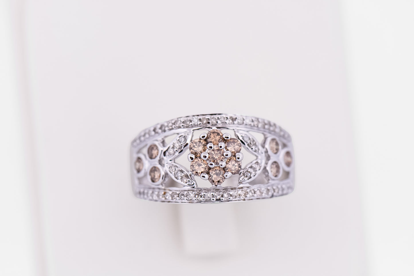 Champagne & White Diamond Floral Right-Hand Ring in White Gold