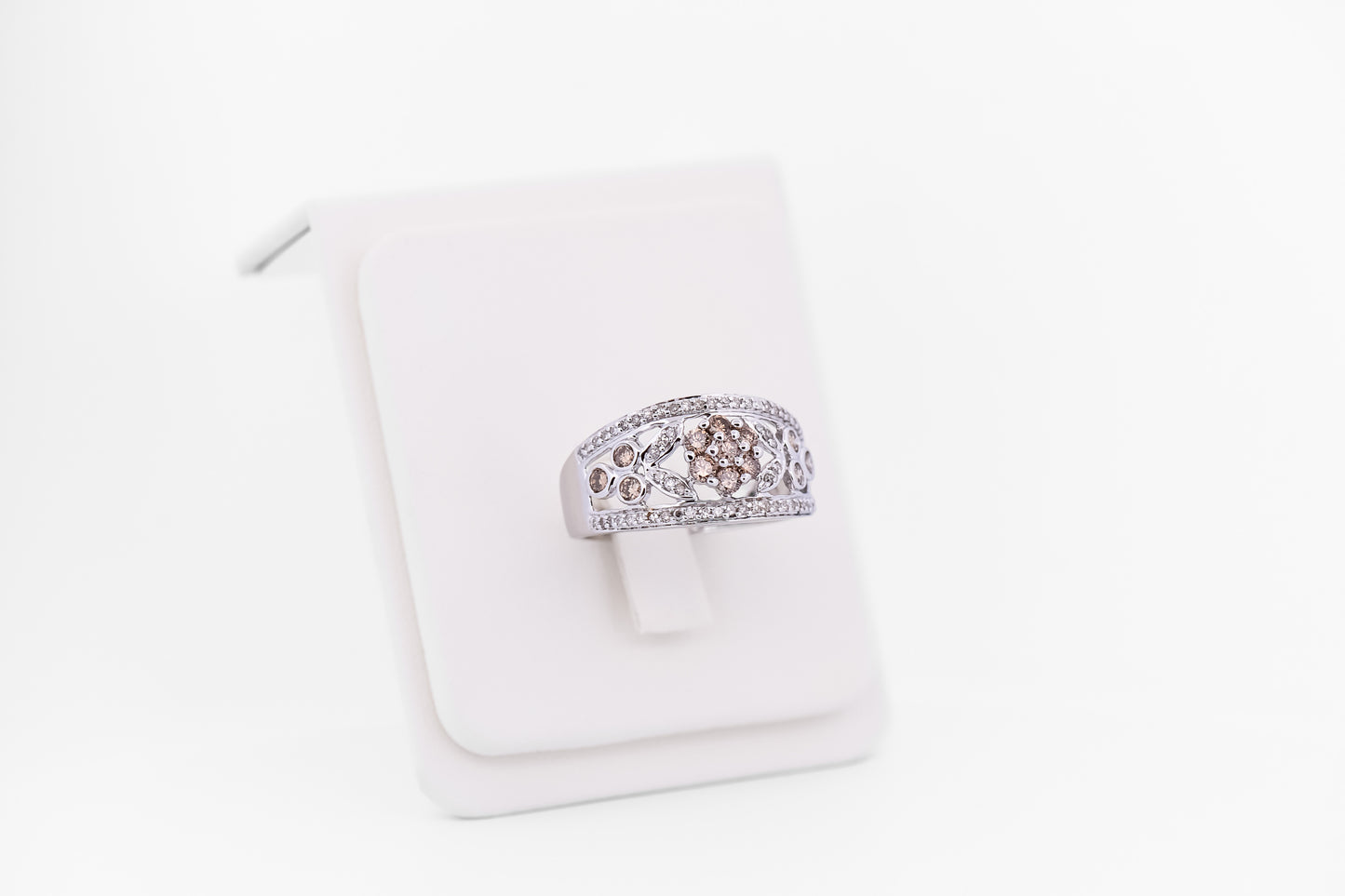Champagne & White Diamond Floral Right-Hand Ring in White Gold