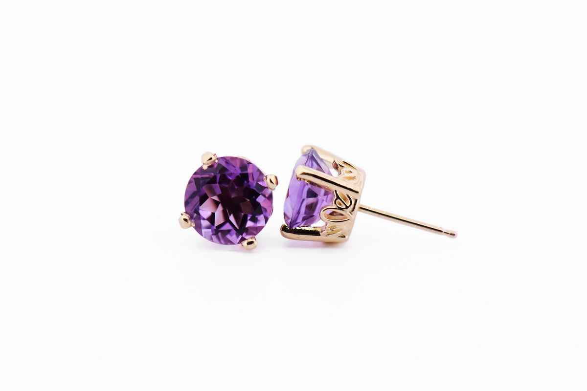 Chunky Amethyst Stud Earrings in Yellow Gold