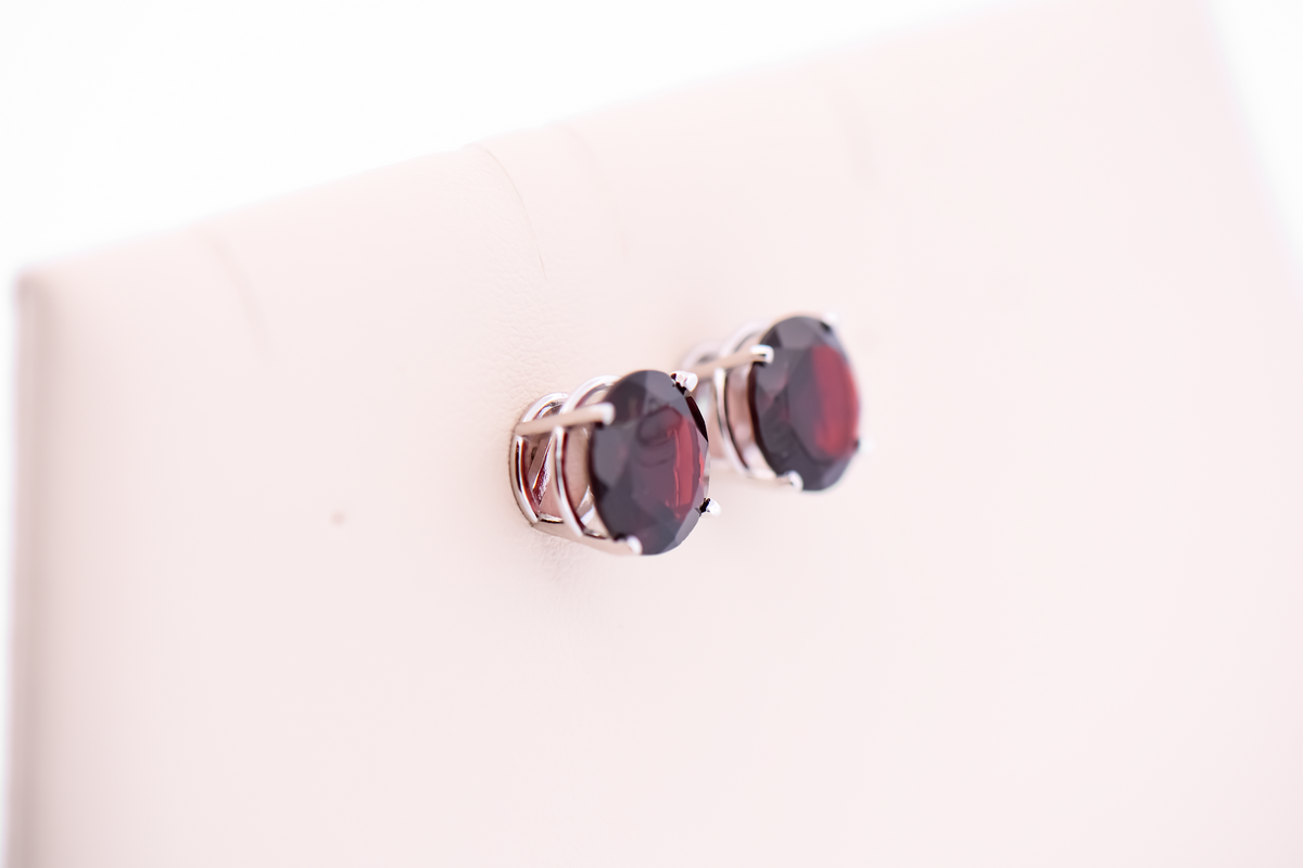 Chunky Red Garnet Stud Earrings in White Gold
