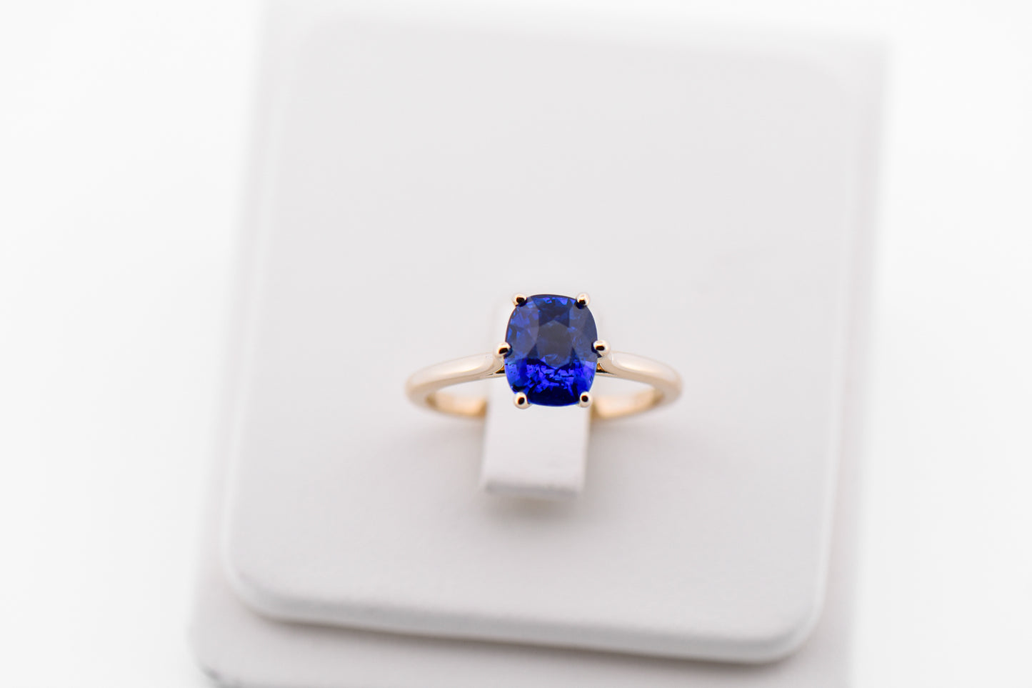 Classic Cushion Cut Blue Sapphire Solitaire Engagement Ring in Yellow Gold