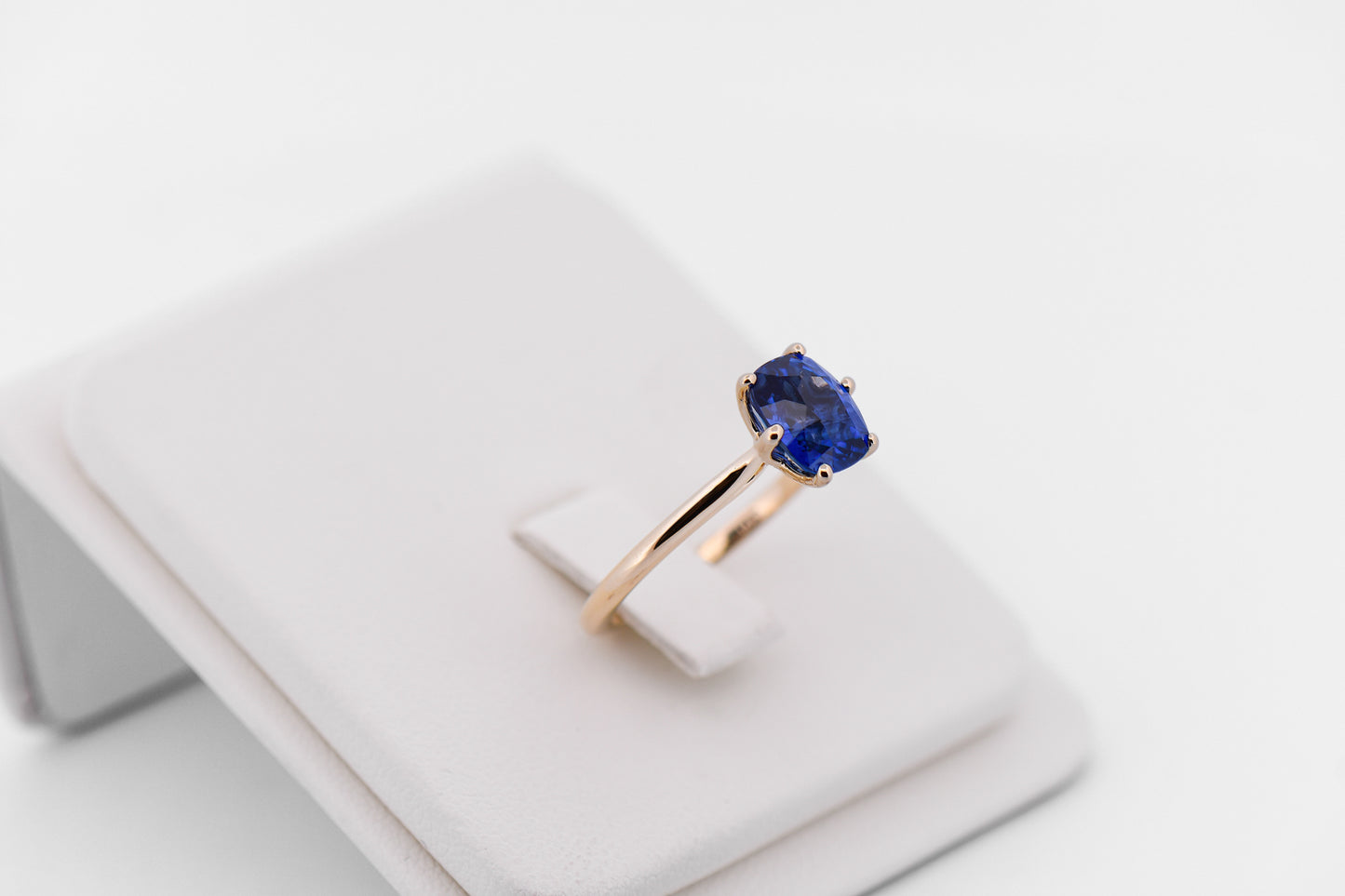 Classic Cushion Cut Blue Sapphire Solitaire Engagement Ring in Yellow Gold