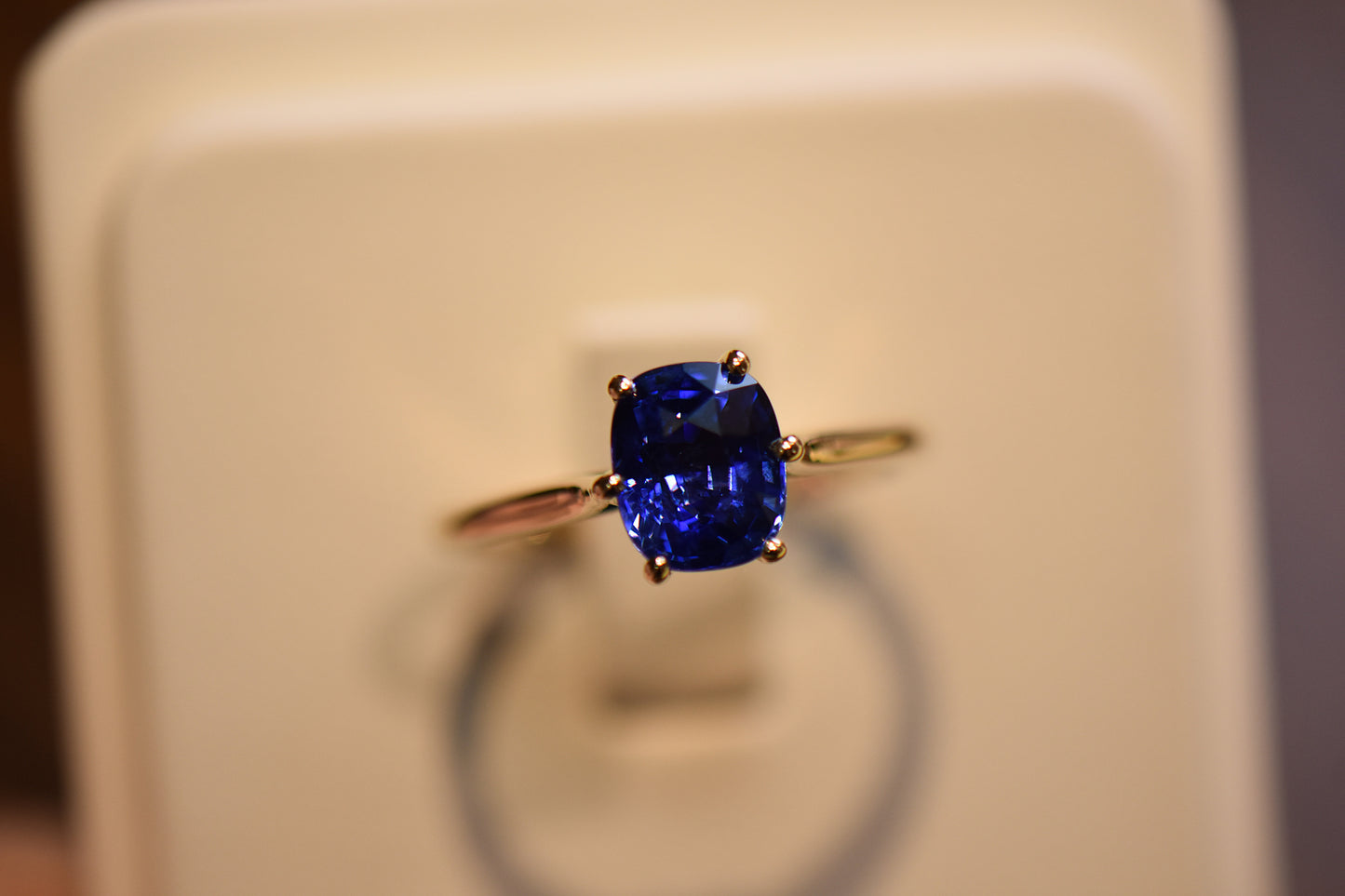 Classic Cushion Cut Blue Sapphire Solitaire Engagement Ring in Yellow Gold