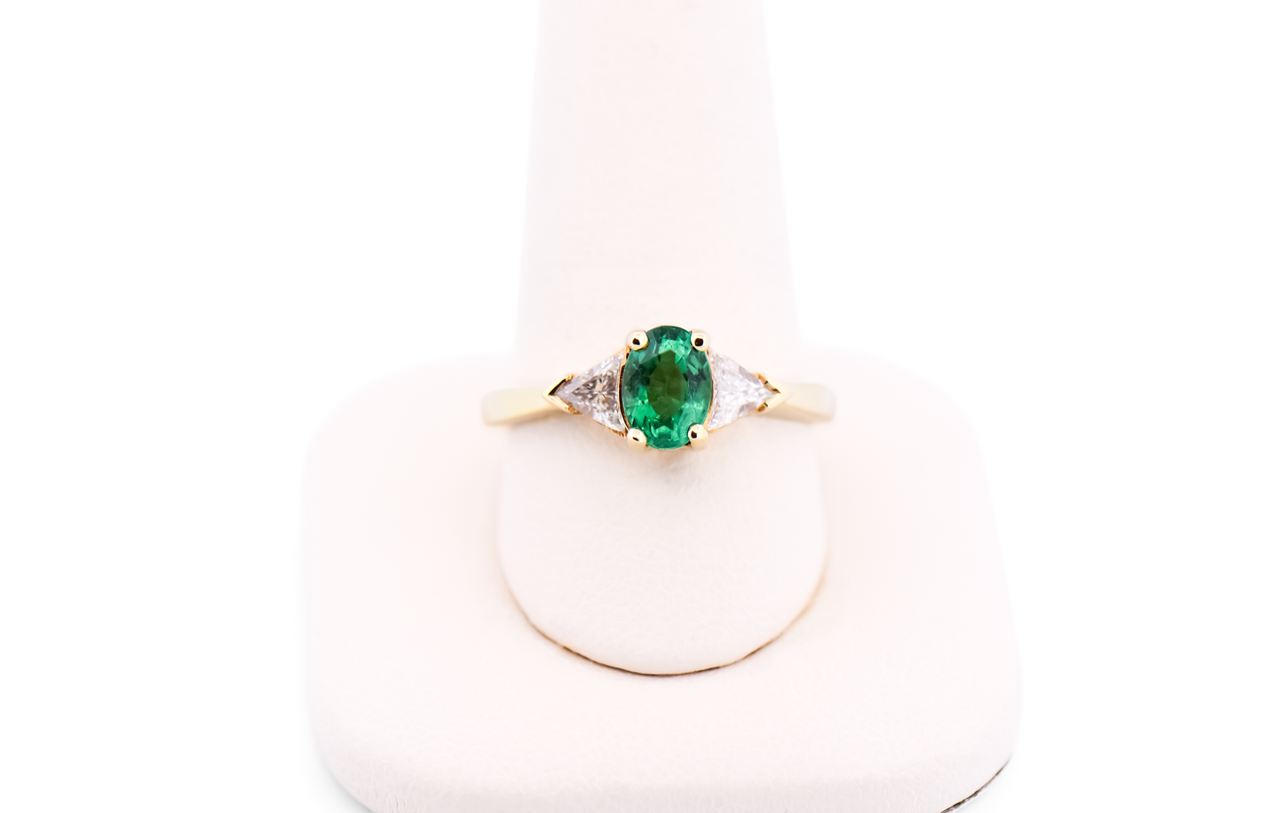 Classic Emerald Three Stone Ring with Trilliant Diamonds in 18k Yellow Gold