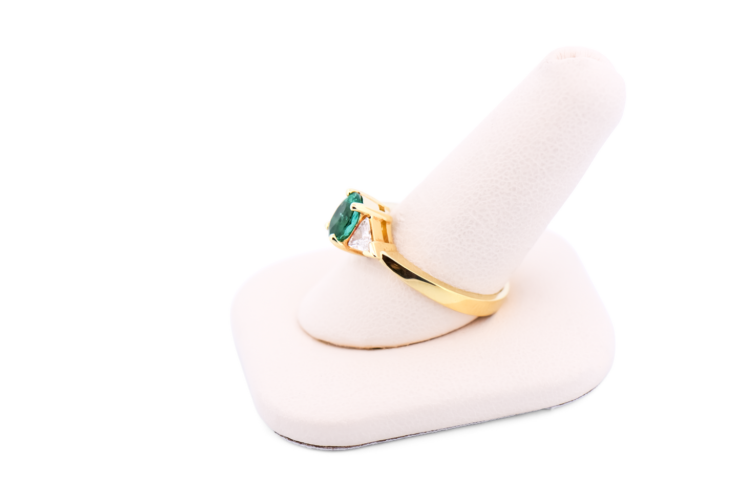 Classic Emerald Three Stone Ring with Trilliant Diamonds in 18k Yellow Gold