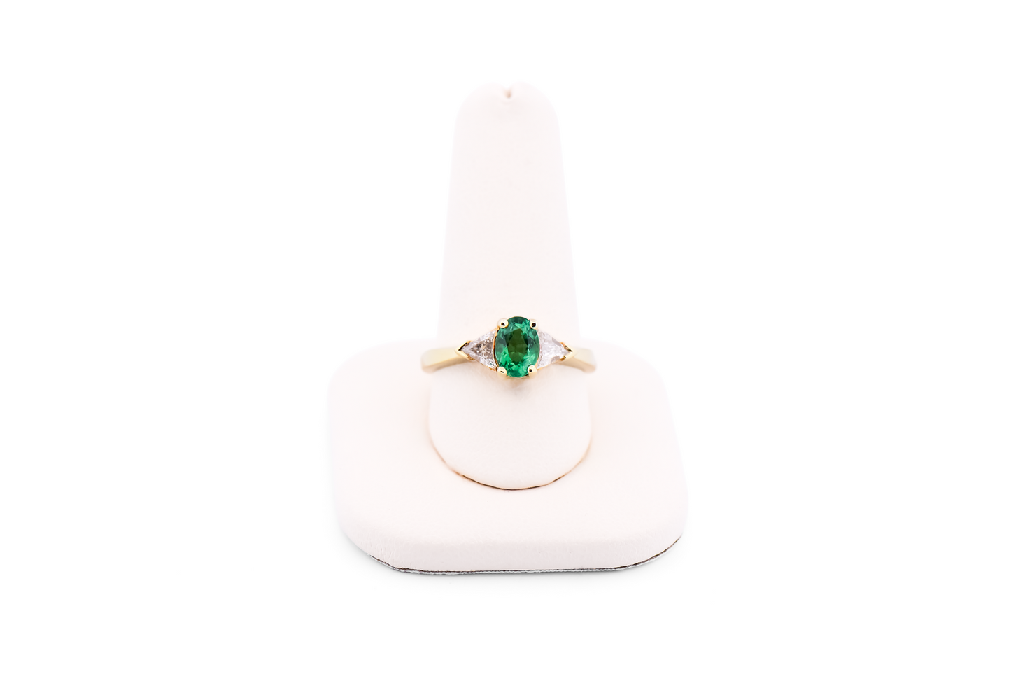 Classic Emerald Three Stone Ring with Trilliant Diamonds in 18k Yellow Gold