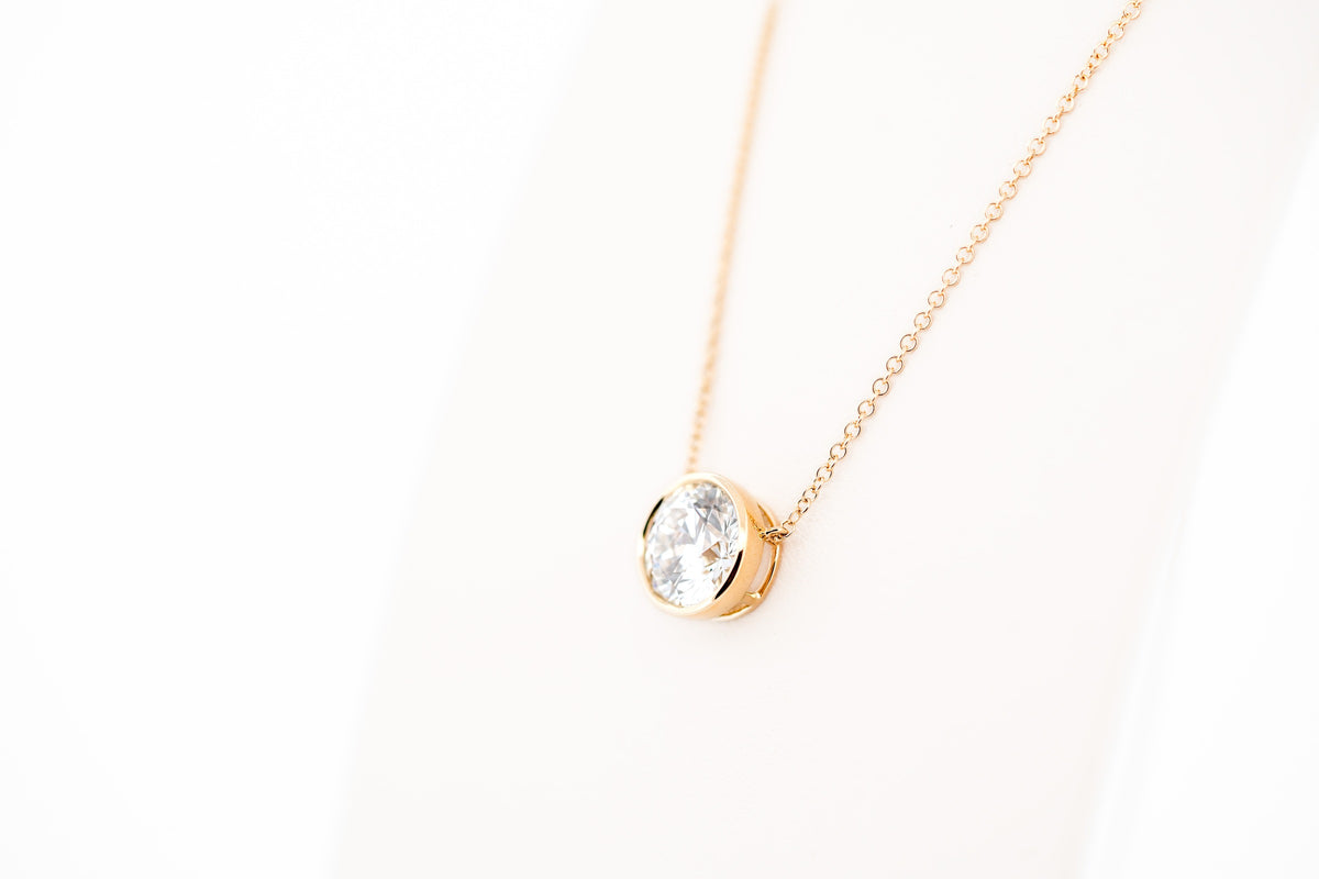 Classic Solitaire Diamond Necklace- 2ct Round Lab Diamond in Yellow Gold Bezel