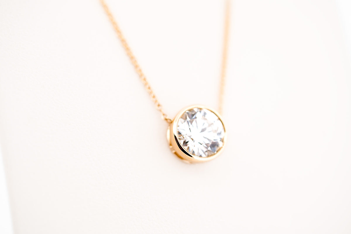 Classic Solitaire Diamond Necklace- 2ct Round Lab Diamond in Yellow Gold Bezel