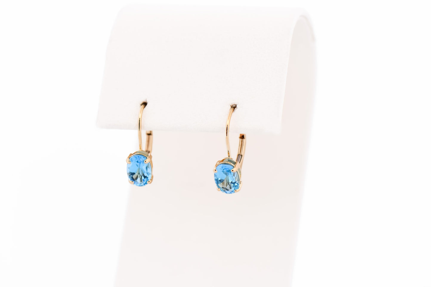 Classic Swiss Blue Topaz Leverback Earrings in 14k Yellow Gold