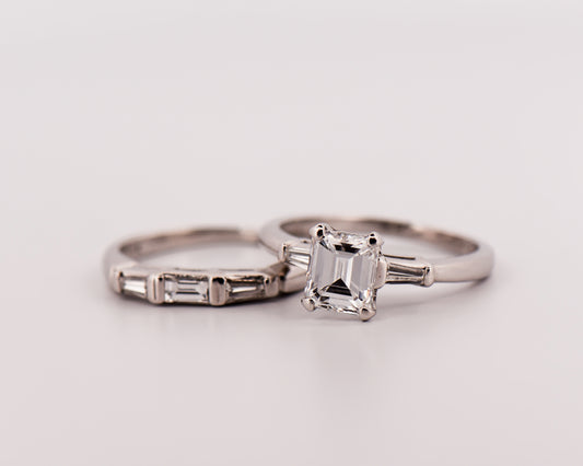Classic Platinum Wedding Set with Emerald Cut & Baguette Diamonds