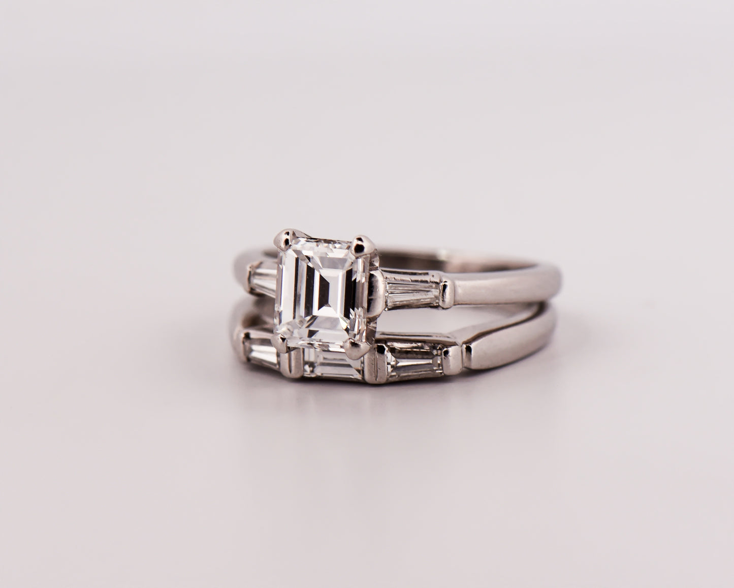 Classic Platinum Wedding Set with Emerald Cut & Baguette Diamonds