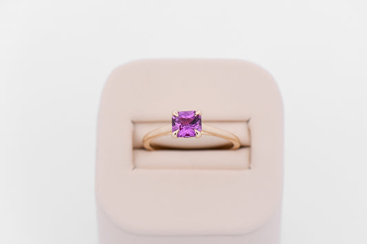 Classic Yellow Gold Solitaire Engagement Ring with Magenta Pink Sapphire