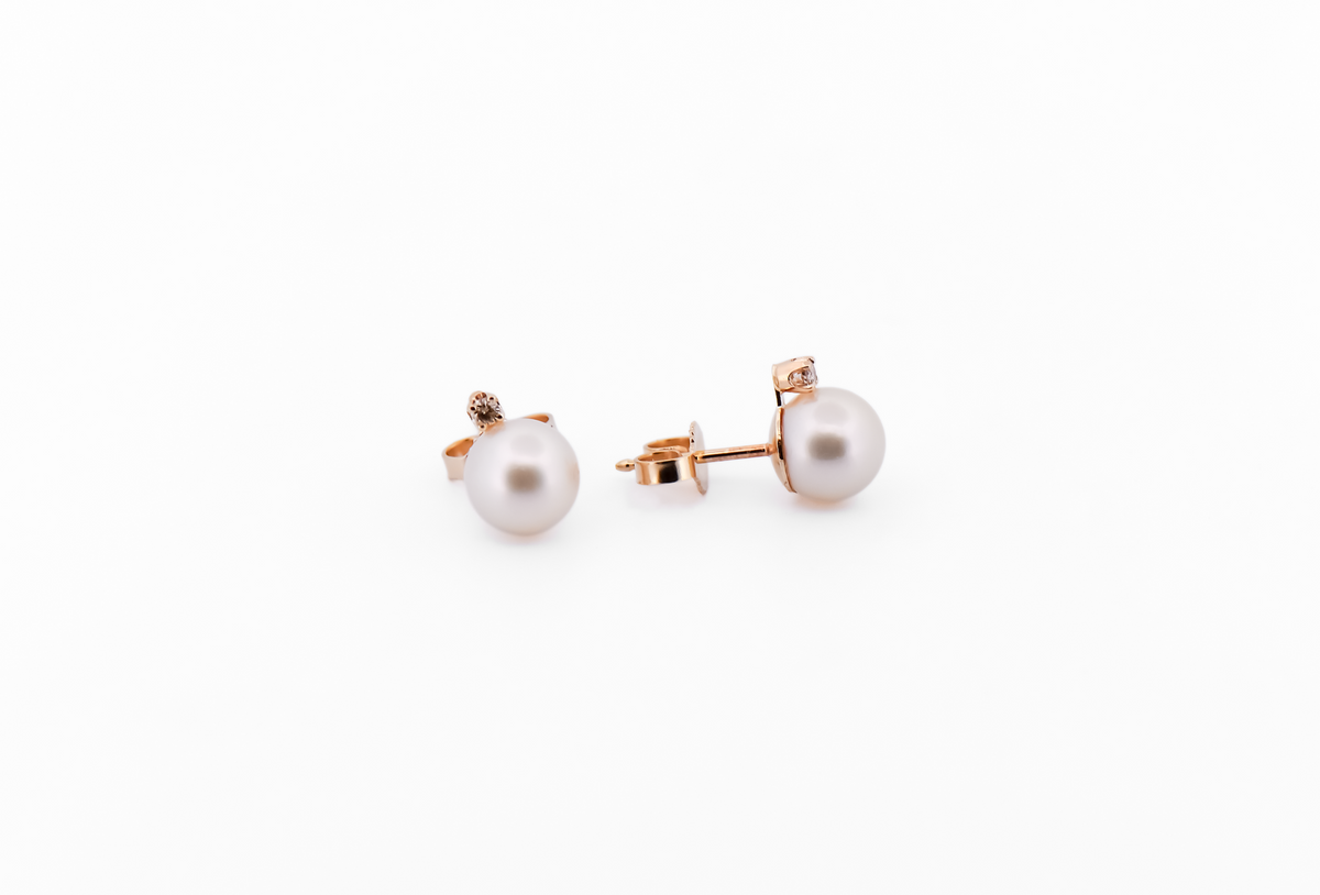 Creamy White Akoya Pearl Stud Earrings with Diamond Accents