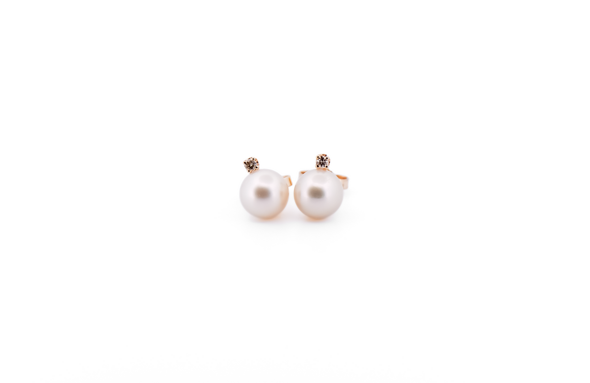 Creamy White Akoya Pearl Stud Earrings with Diamond Accents