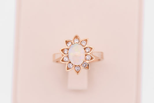 Crystal Opal Engagement Ring with Floral Diamond Halo in Yellow Gold
