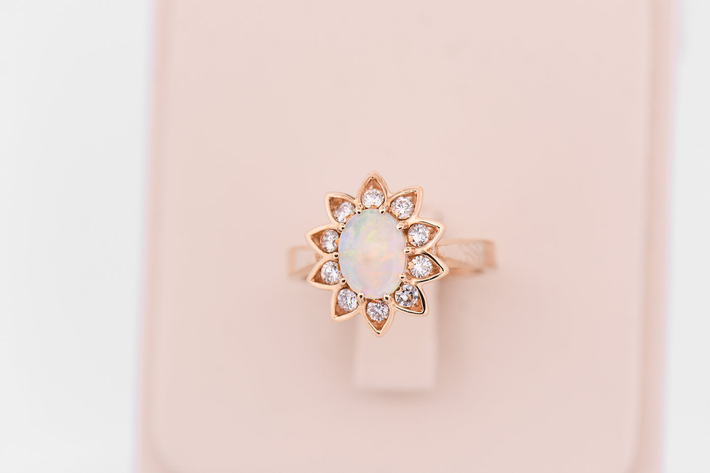 Crystal Opal Engagement Ring with Floral Diamond Halo in Yellow Gold