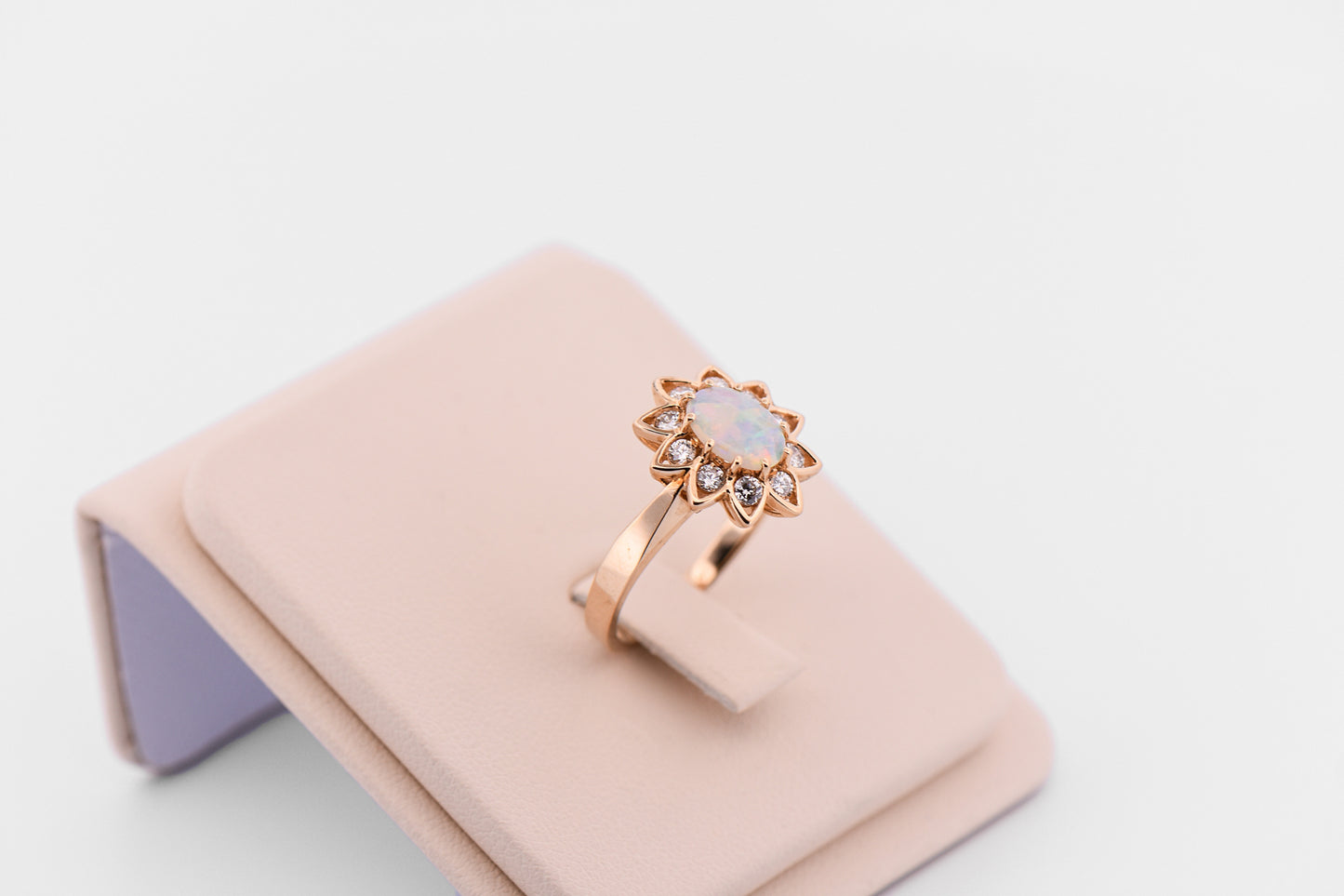 Crystal Opal Engagement Ring with Floral Diamond Halo in Yellow Gold