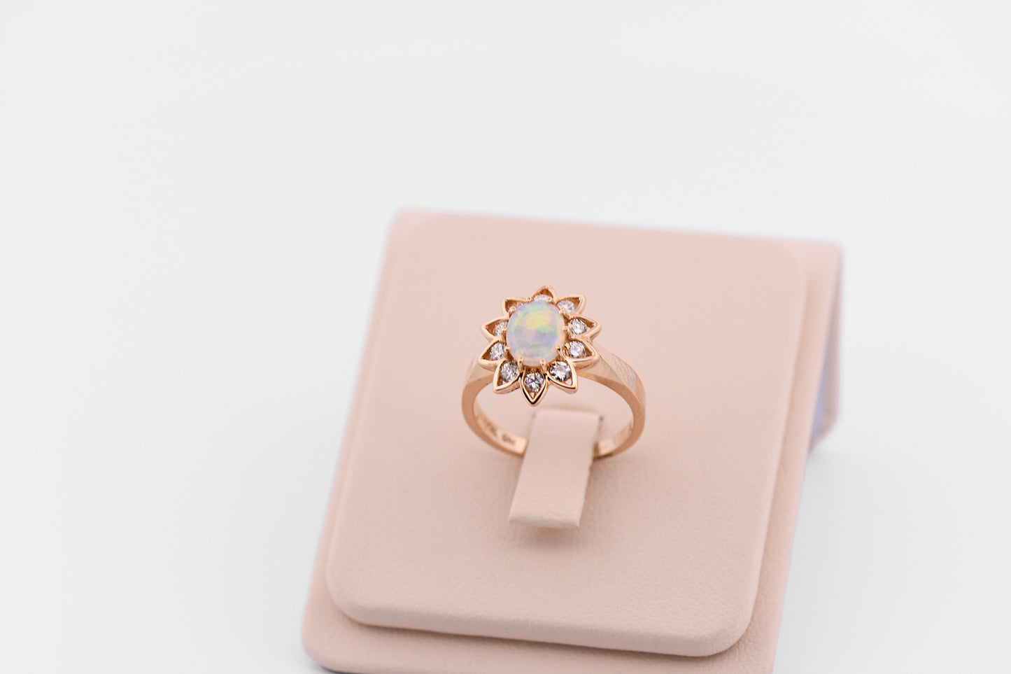 Crystal Opal Engagement Ring with Floral Diamond Halo in Yellow Gold
