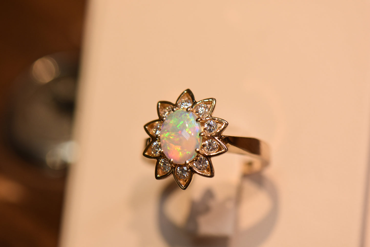 Crystal Opal Engagement Ring with Floral Diamond Halo in Yellow Gold