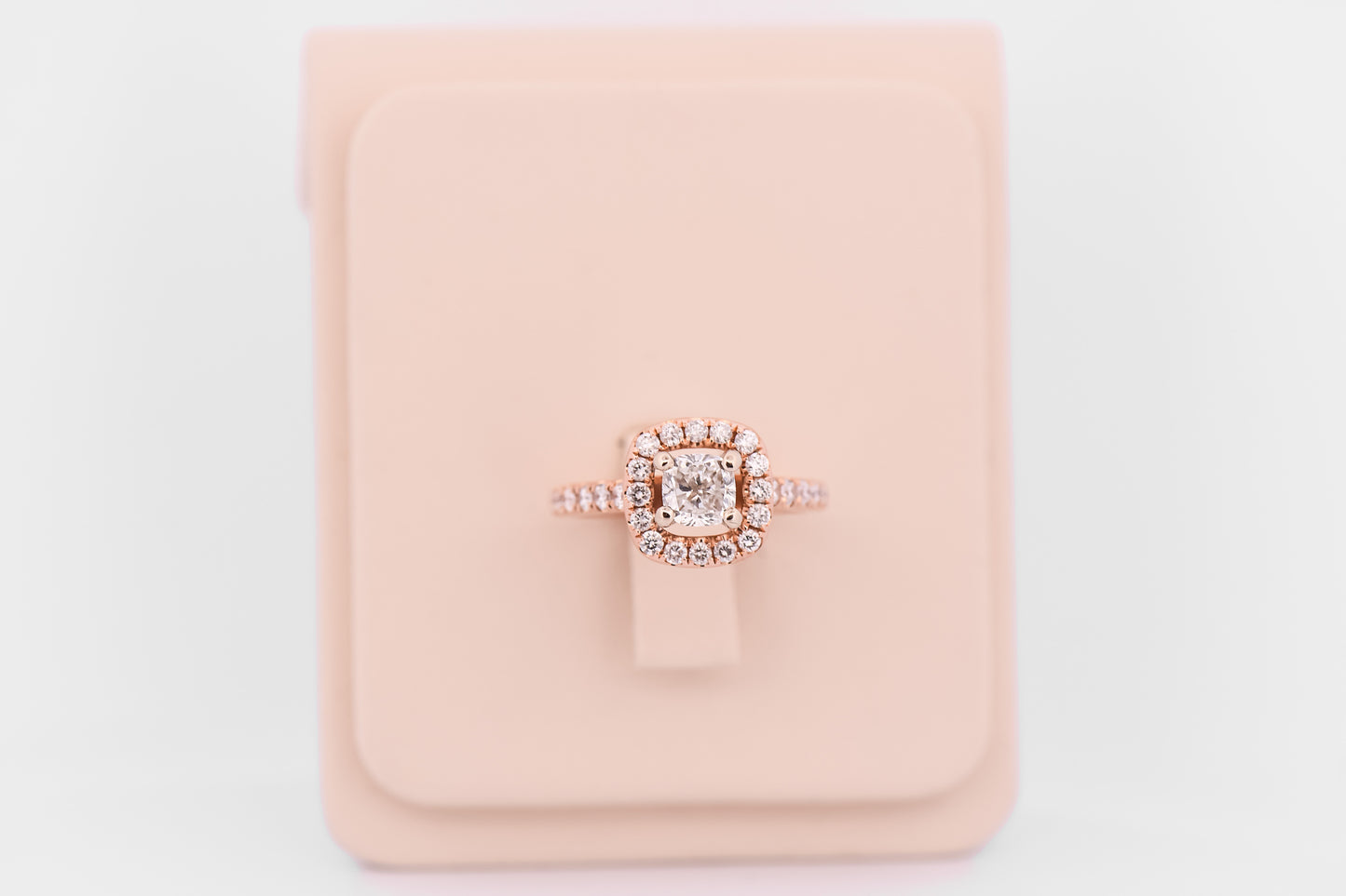 Cushion Cut Diamond Halo Engagement Ring in Rose Gold