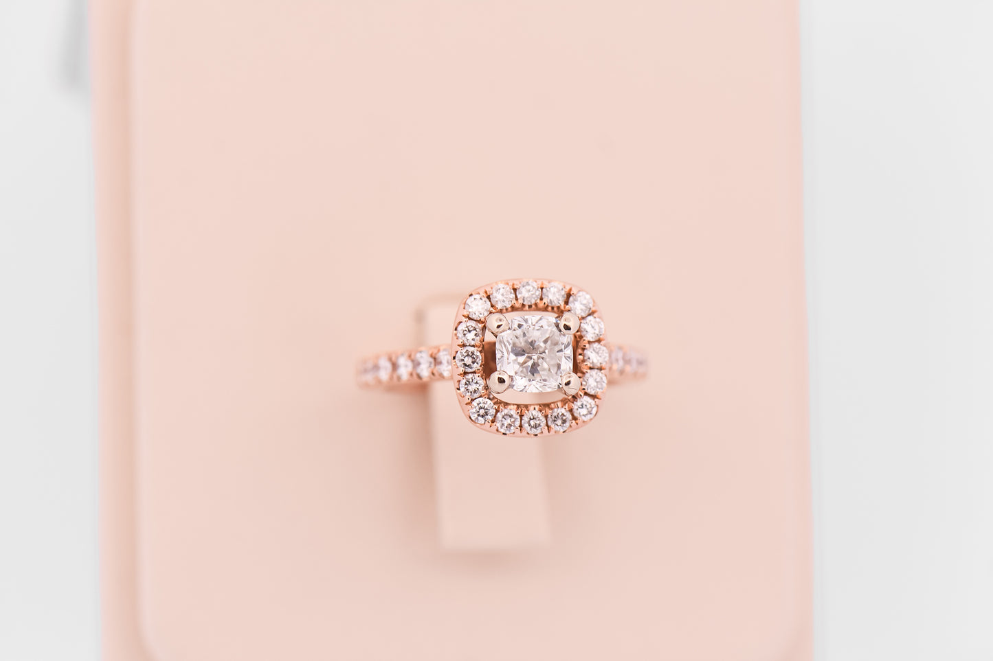 Cushion Cut Diamond Halo Engagement Ring in Rose Gold