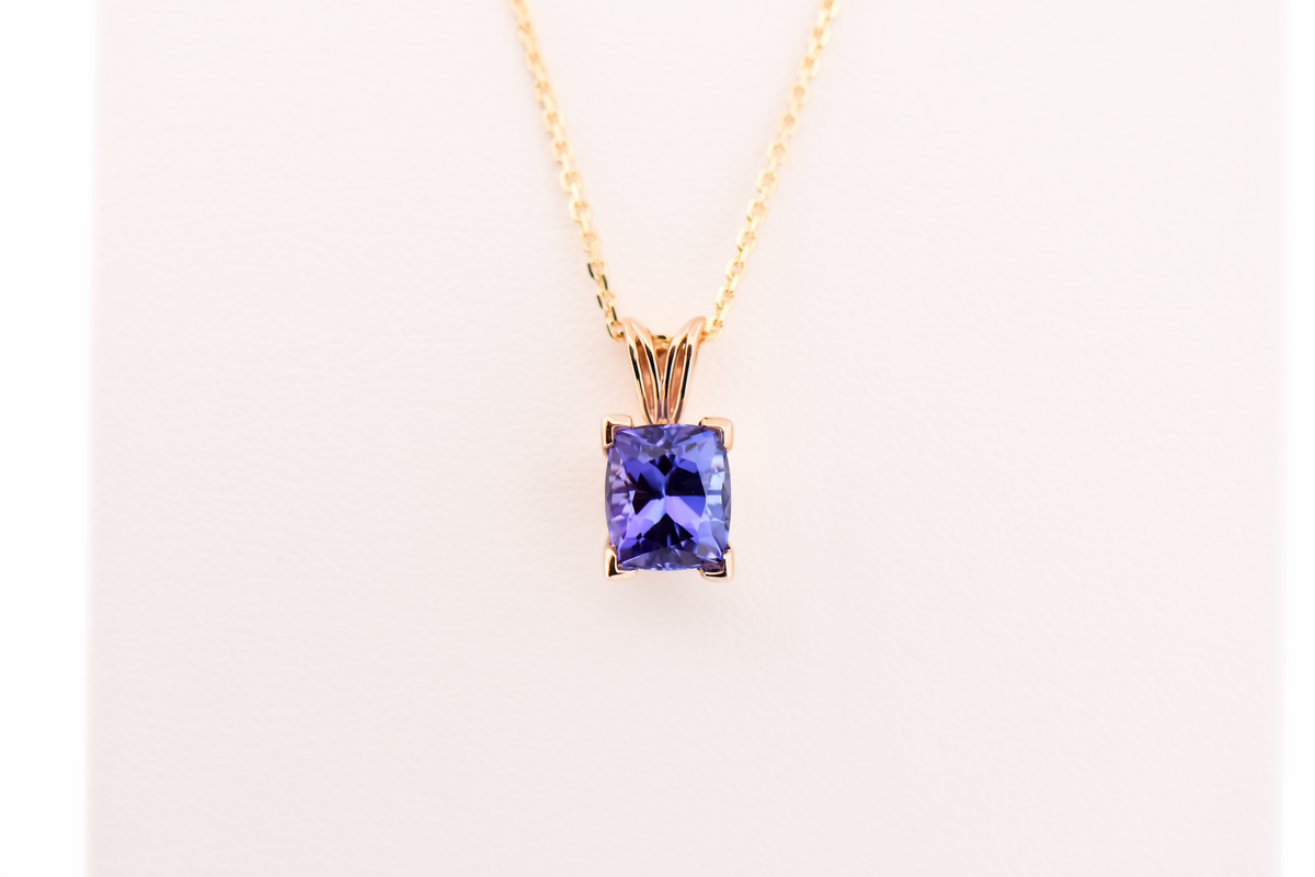 Cushion-Cut Tanzanite Solitaire Pendant in Yellow Gold