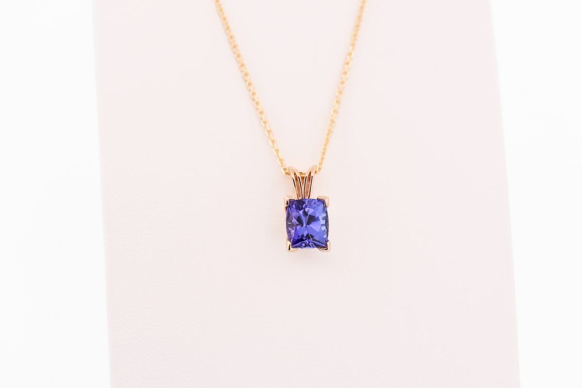 Cushion-Cut Tanzanite Solitaire Pendant in Yellow Gold