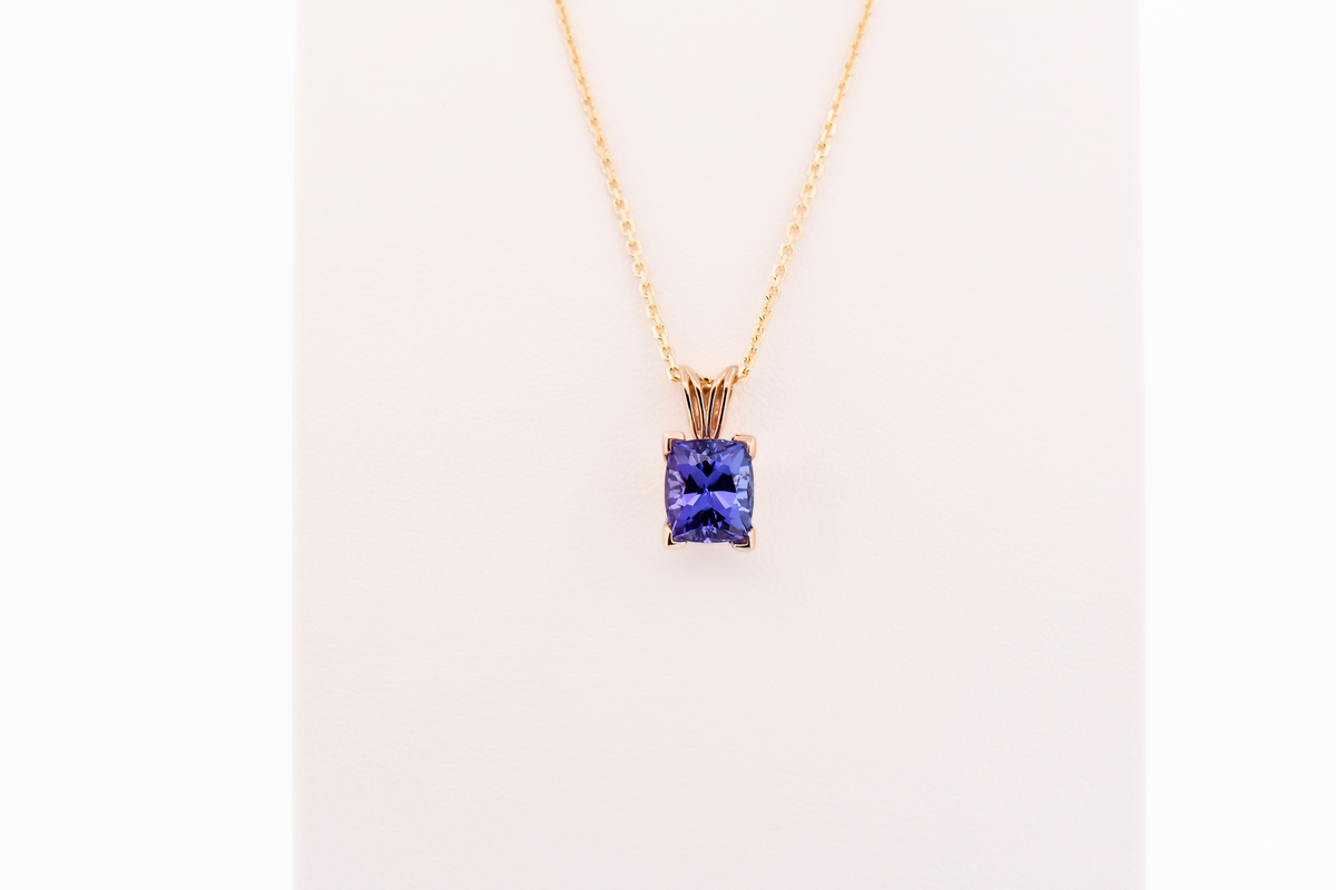 Cushion-Cut Tanzanite Solitaire Pendant in Yellow Gold